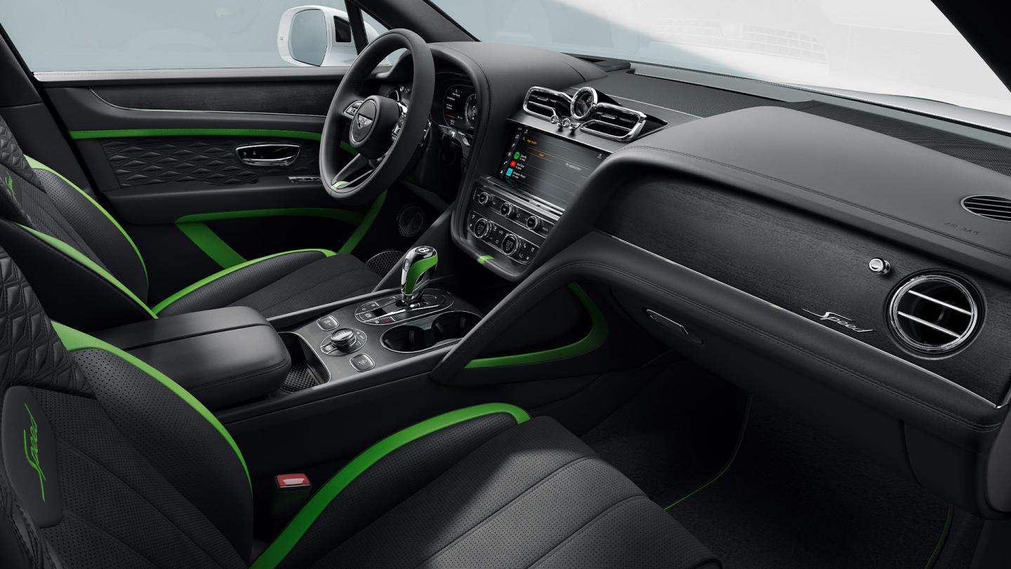 Bentley Bentayga Speed front cabin, showing the gear selector and dashboard trim.