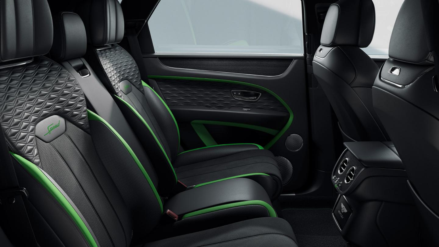 Bentley Bentayga Speed rear seats, showing quilted leather with Speed badging.