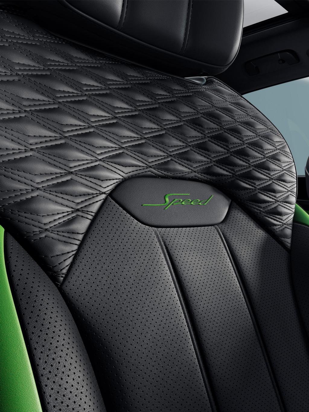 Close-up of quilted leather seating with a Speed badge, on the Bentley Bentayga Speed.