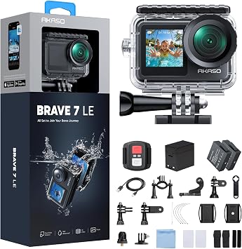 AKASO Brave 7 LE 4K action camera with touchscreen, EIS 2.0, and remote