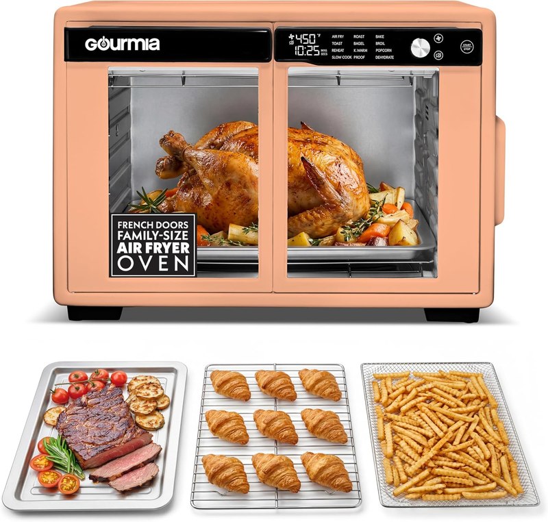 Gourmia French Door Air Fryer Oven - 37 Qt Large Capacity Convection Toaster Oven, FryForce 360°, Digital Display, 12 Cooking Presets, Dehydrate, Fits 13” Pizza, Dishwasher-Safe, Peach