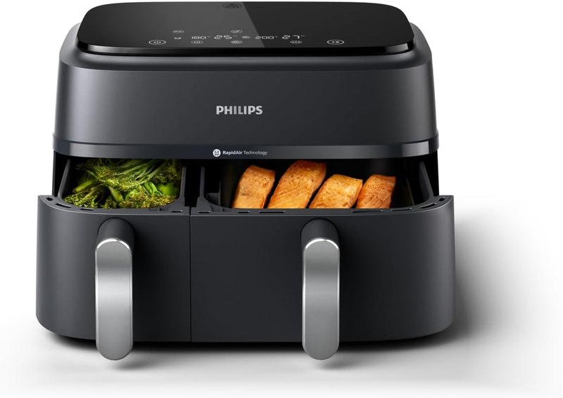 Philips 3000 Series Dual Basket Air Fryer, 8 Ways to Cook, 9.5 Qt, Black | Auto-Sync finishes two foods together, RapidAir technology for even crisping, dishwasher-safe (NA351/00)