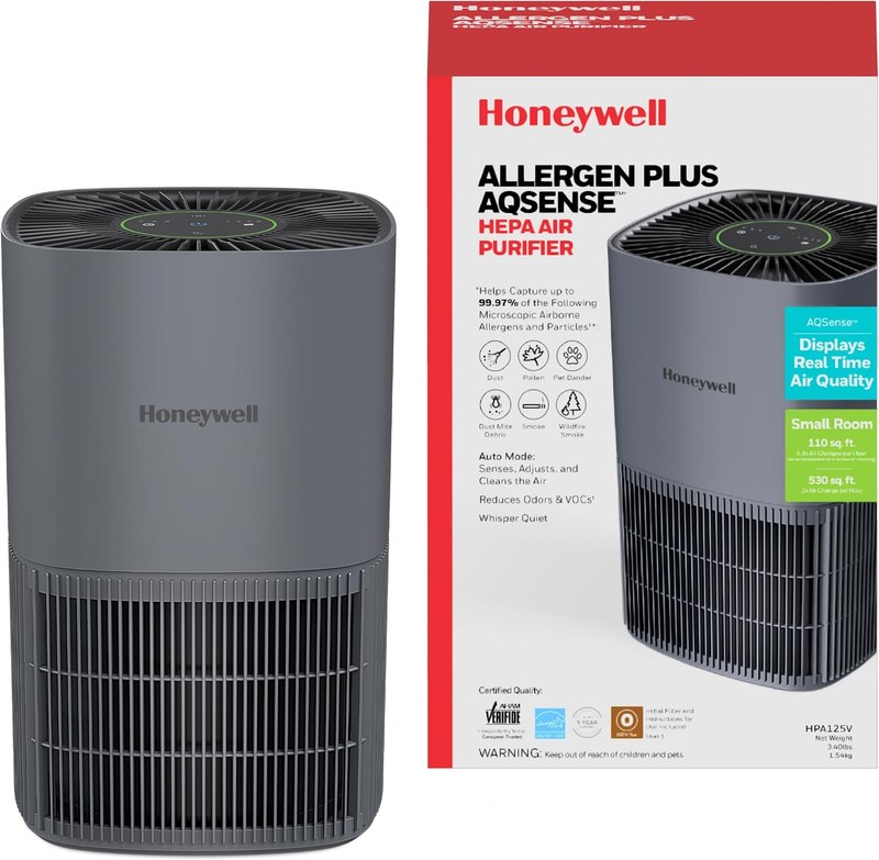 Honeywell Allergen Plus Compact HEPA Small Room Air Purifiers, Grey | Honeywell air purifiers for home, Up to 530 ft², Quiet HEPA air purifiers for bedroom, 3-in-1 filter, HPA125V