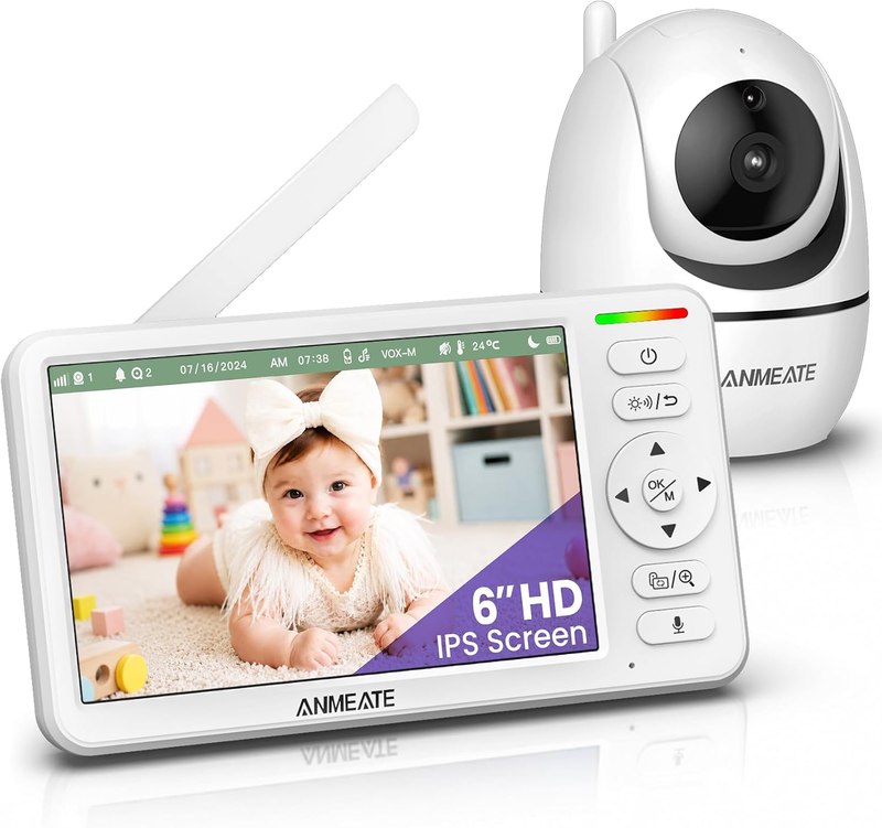 ANMEATE 6" Video Baby Monitor with Camera and Audio No WiFi | 48Hr Battery Life, Remote Pan Tilt Zoom, Thermal Sensor, Two-Way Audio, White Noise, 1000ft Long Range Secure Infant Monitor