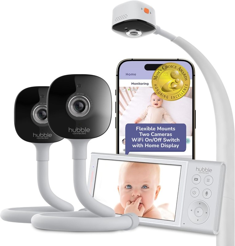 HUBBLE CONNECTED GoBaby Pro Twin - Two Cameras, 5” HD Home Display | WiFi On-Off, Covered Face & Rollover Detection, True Cry Alerts, Sleep Training, Smart Soother w/ Flexible Mount & Wall Mount