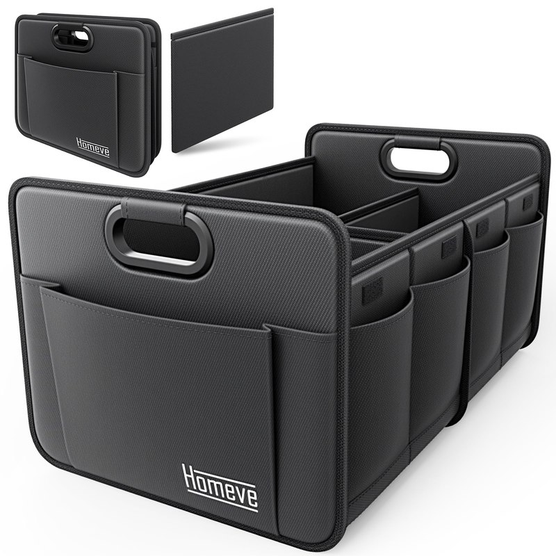 Homeve Car Trunk Organizer for SUV, 18.5Gal Large Capacity No-Sag Heavy Duty, Foldable Waterproof Anti-Slip Storage with 12 Pockets, Fit Sedan,Truck, Universal Car Accessories, Black, Large, 2 Compart