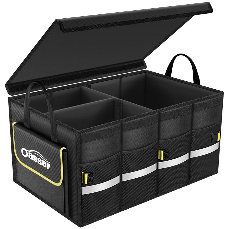Oasser Car Trunk Organizer with Foldable Soft Lid, 55L 3 Compartments Black