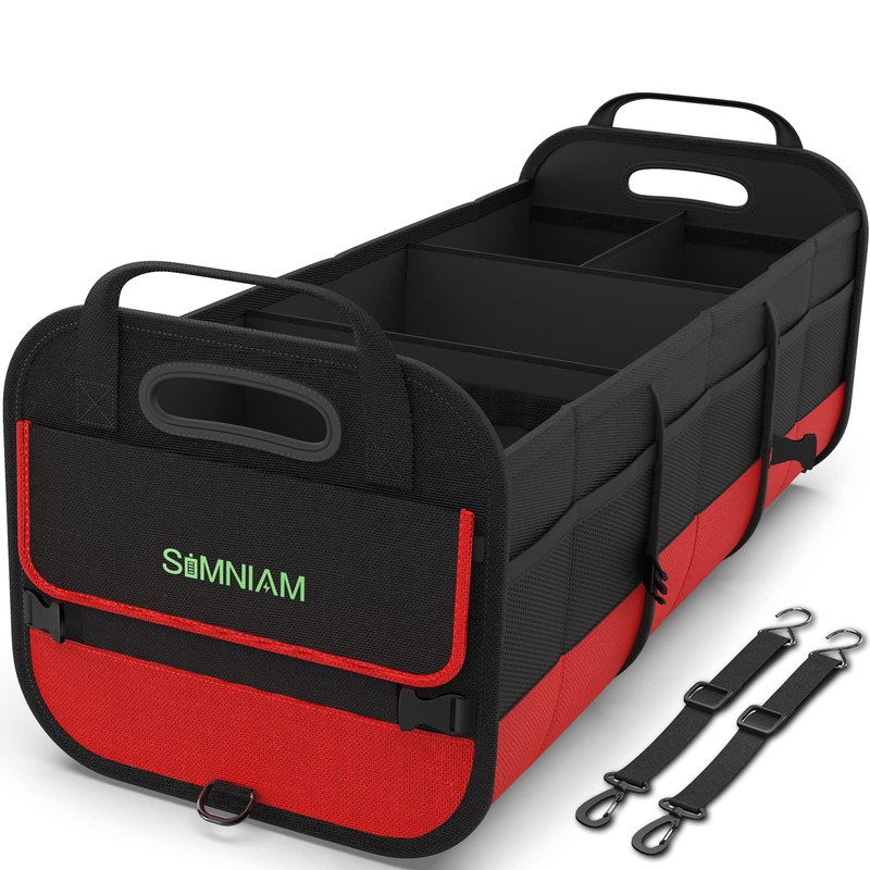 Simniam Large Trunk Organizer for Car, Foldable Multi Compartment Car Trunk Organizer with 2 Retractable Straps, Suitable for All Kinds of Cars, SUV, Minivan - 4 Compartments Red