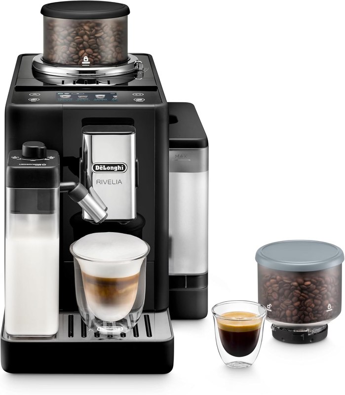 De'Longhi Rivelia Automatic Espresso Machine, Milk Frother, Black | #1 Worldwide Espresso Machine Maker, Removable Bean Hoppers, 18 One-Touch Recipes, Milk Frother, 4 Unique Colors