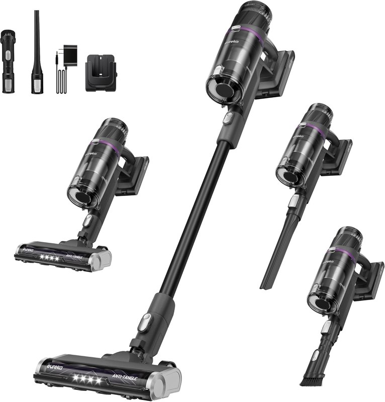 Eureka ReactiSense 350W Anti-Tangle Cordless Stick Vacuum, NEC440BK | Floor Sense + React, Up to 60-Min, Lightweight, Anti-Allergen HEPA, Swivel Steering, For Pet Hair, Hard Floors & Carpets