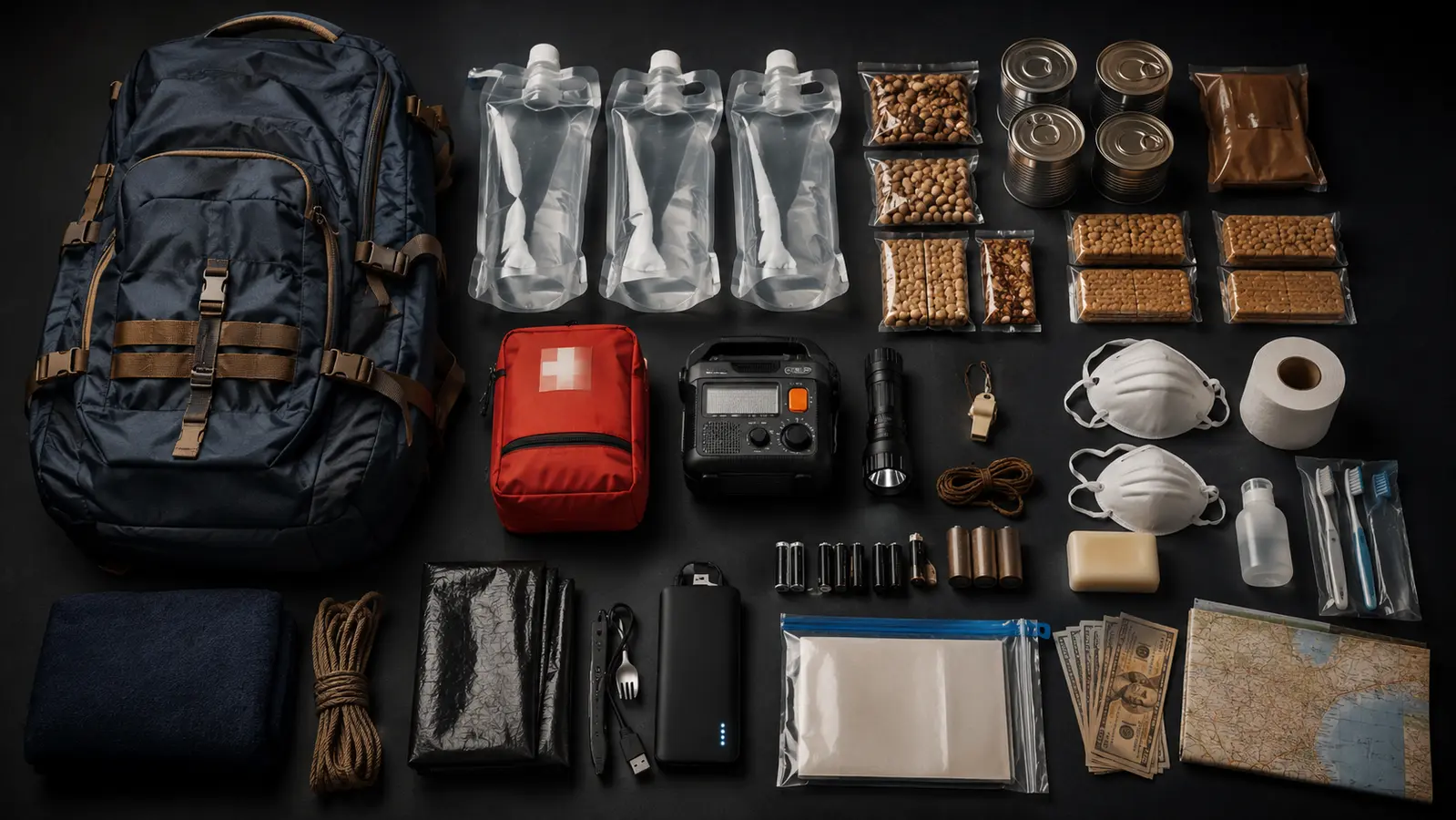 An emergency kit laid out flat: backpack, water pouches, tinned and dried food, first-aid pouch, hand-crank radio, torch, batteries, N95 masks, whistle, cash and a paper map.