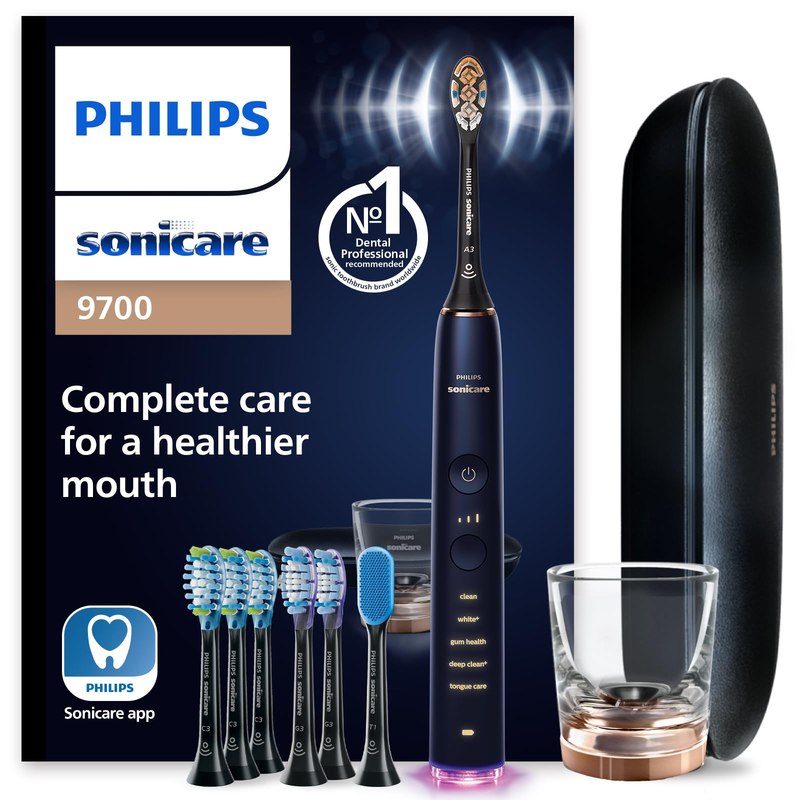 Philips Sonicare DiamondClean 9700 Electric Toothbrush, 7 Brush Heads, Blue