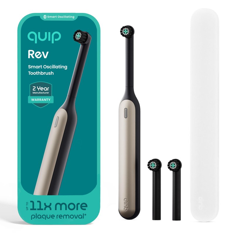 Quip Rev Smart Oscillating Toothbrush - Timed Electric Toothbrush with Case - 11x More Plaque Removal - 4 Intensities - 30-Day Battery Life Charge - Black Crescent