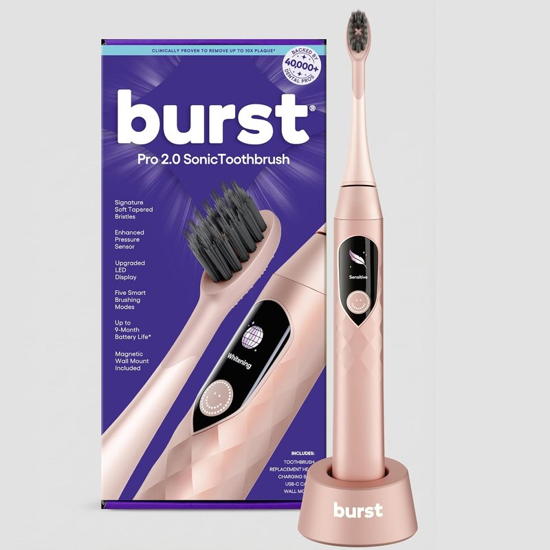 Burst Pro 2.0 Sonic Toothbrush for Adults (Rose Gold) | Electric Toothbrush | Smart Pressure Sensor | Soft Bristles | 5 Modes/Refined Scoring System | USB-C Charging | Magnetic Wall Mount