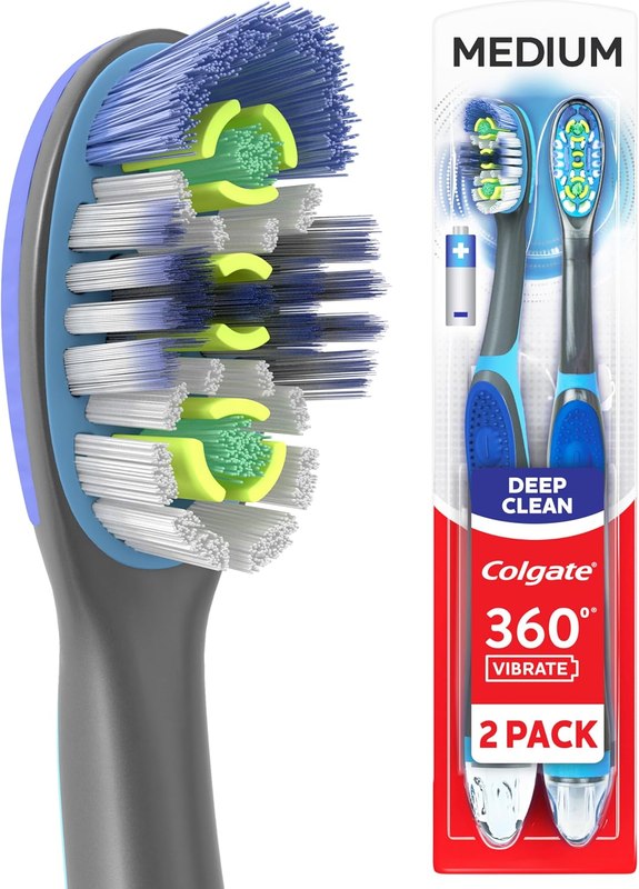 Colgate 360 Vibrate Battery Powered Electric Toothbrush, Medium, 2 Pack | One AAA Battery Included, Cleans Teeth, Tongue, Cheeks, and Gums, Vibrating Bristles Powered by Sonic Technology