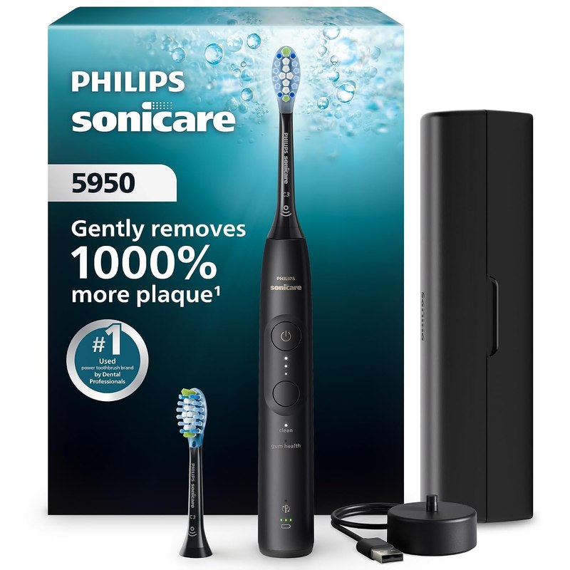 Philips Sonicare 5950 Rechargeable Electric Toothbrush, 2 Brush Head, Black | 1000% More Plaque Removal¹, Pressure Sensor, 6 Brush Settings, 21-Day Battery, Includes Travel Case, HX7131/03