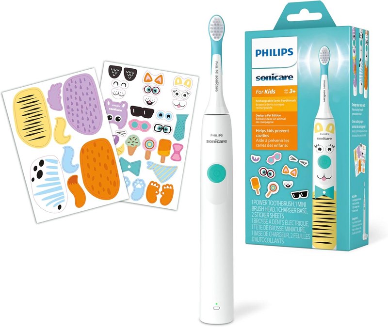 Philips Sonicare for Kids Electric Toothbrush, Design a Pet Edition | Gentle Clean, 2 Intensity Settings, KidPacer Timer, Includes Brush Head & Reusable Stickers, HX3601/01