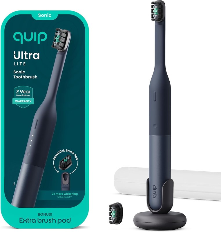 Quip Ultra Lite Sonic Electric Toothbrush, Slim Lightweight Design, 3 Brushing Modes, 15X More Plaque Removal, Pressure Sensor & 30-Day Battery, Ash Black