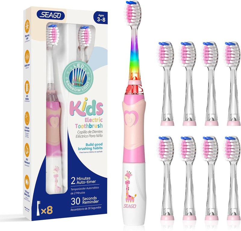 SEAGO Kids Electric Toothbrush with 2 Mins Brushing Timer and 8 Replacement Brush Heads,Rainbow LED Light Makes Brushing Fun, Battery Powered Toothbrush for Boys & Girls 3-6-8 Years Old,Pink