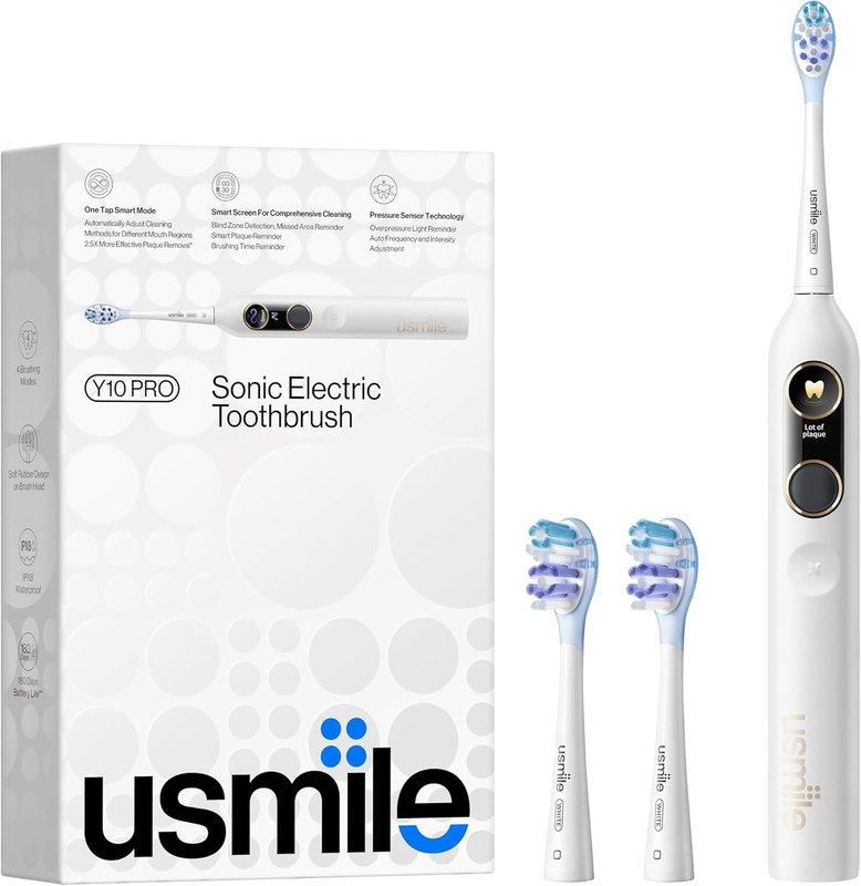usmile Y10 PRO Smart Electric Toothbrush with Display, 180-Day, White | Missed Spot Detection, Pressure Sensor, IPX8 Waterproof, 2 Brush Heads, Travel Rechargeable Sonic Toothbrush