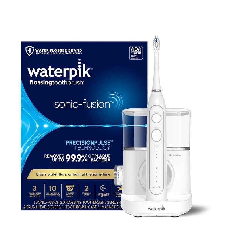 Waterpik Sonic-Fusion Flossing Electric Toothbrush Water Flosser, White | 2-in-1 Combo with 3 Modes for Daily Gum Health & Cleaning Teeth, Braces, Implants, ADA Accepted, SF-04 Packaging May Vary