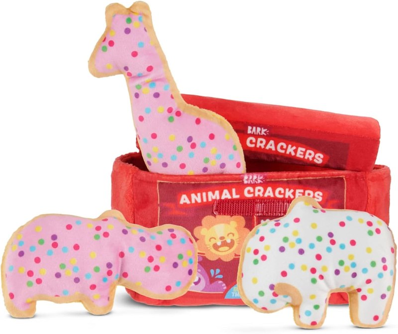 BarkBox Animal Squeakers 4-in-1 Interactive Plush Dog Toy | Squeaky Dog Toys with Crinkle Box and Treat-Hiding - For Extra Small to Small Dogs and Puppies