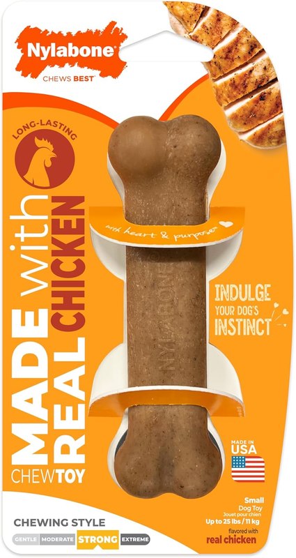 Nylabone Strong Chew Original Bone Dog Toy Made with Real Chicken | Dog toys for aggressive chewers, small dog chew bones up to 25 lbs, helps clean teeth and freshen breath