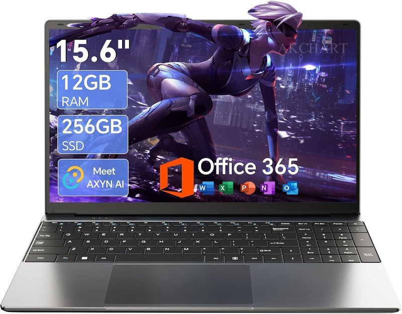 15.6'' AI Laptop with Office 365 12GB RAM 256GB SSD Win 11 Laptops | 7000mAh Battery, IPS FHD, 180°Viewing, Quad-Core Processor, Type-C, WiFi5, Portable Thin Business Student Laptops, Light Gray