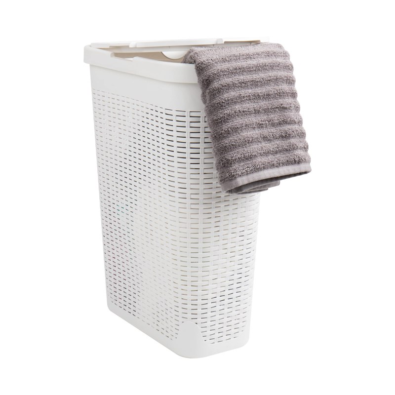 Mind Reader Slim Laundry Hamper with Lid, 40L Clothes Basket, Narrow Tapered Design with Ventilated Cutout Pattern, Plastic, White