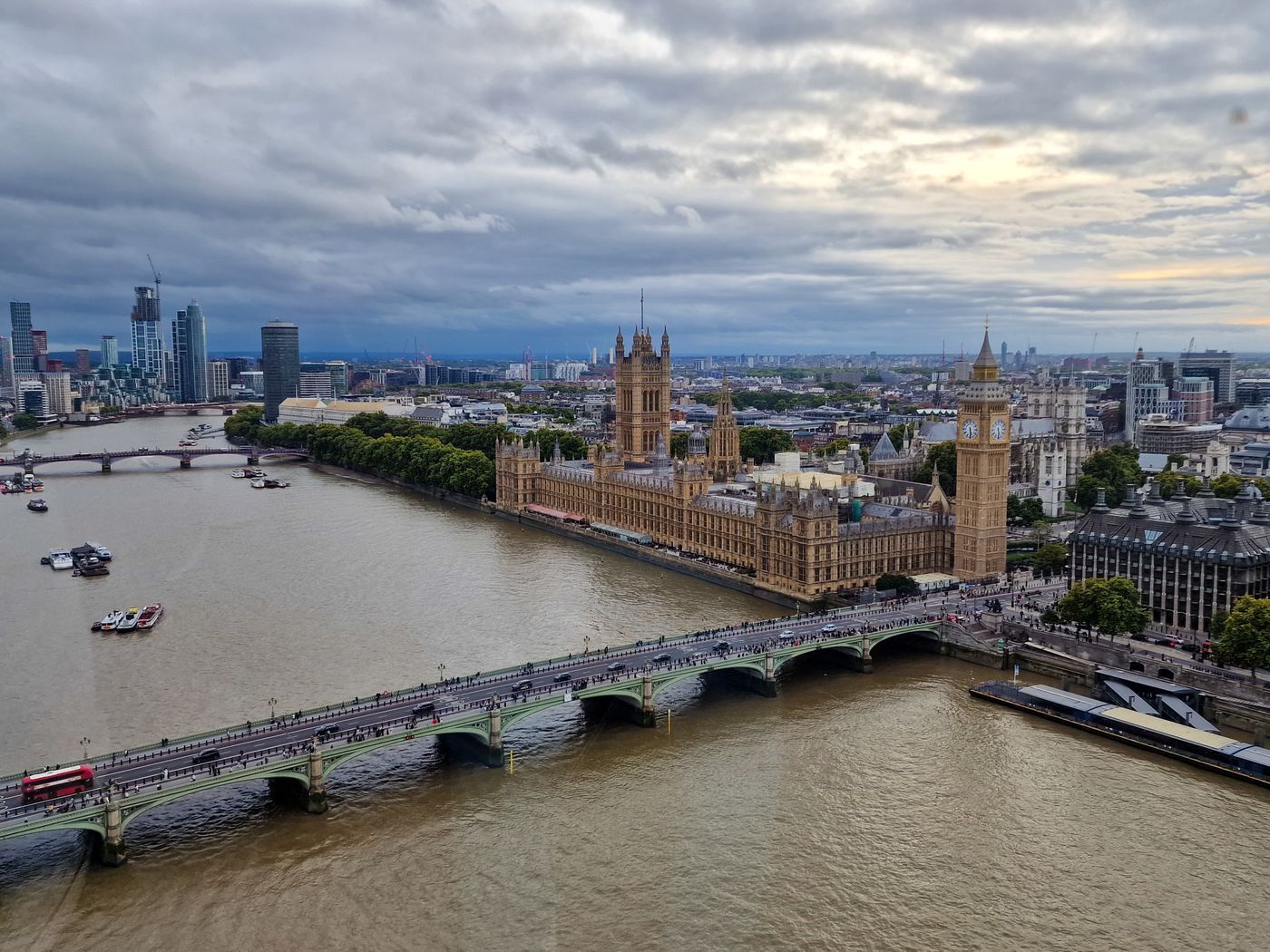 Aerial view of the River Thames, Westminster Bridge and Big Ben in London