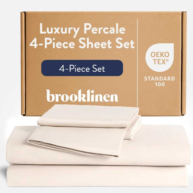 Brooklinen Percale 4-Pc Sheet Set for Hot Sleepers, Luxury - Queen, Cream | Cool, crisp percale weave in 100% long-staple cotton, breathable for hot sleepers; machine washable; lightweight & durable.