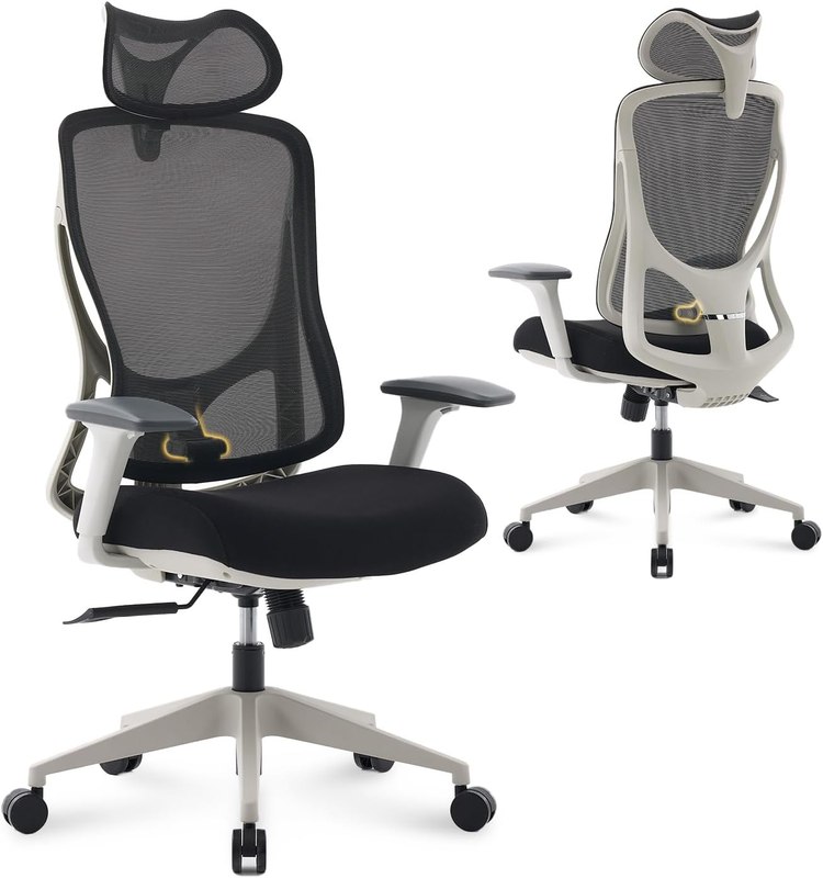 Nouhaus Apertura Ergonomic Office Chair Dynamic Back Support, 3D Armrests | Adjustable Headrest & Lumbar Support, High Back Mesh Home Office Desk Chairs, Comfy Computer Chair for Long Hours, Grey