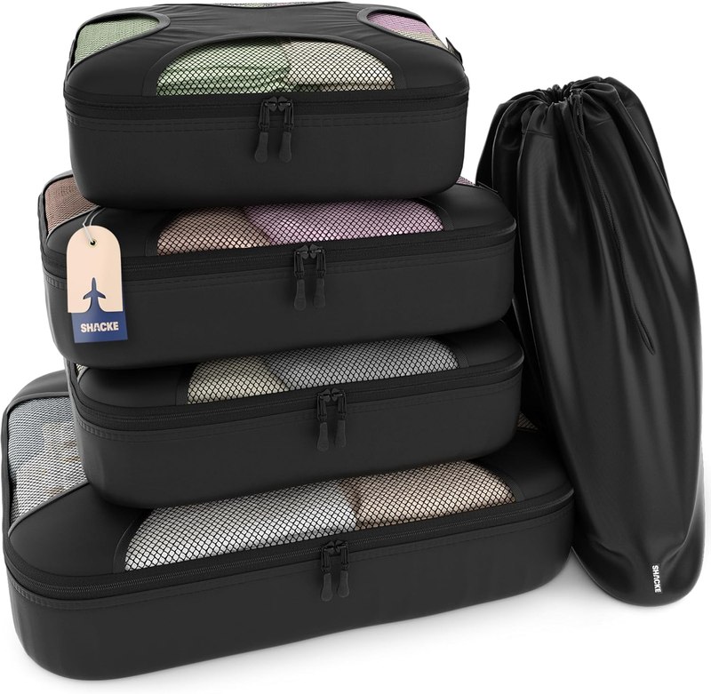 Shacke 5 Set Packing Cubes for Travel with Laundry Bag (Pure Black) | Suitcase Organizer Bags Set: 4 Water-Resistant Luggage Cubes, XL to Small, + Laundry Bag for Carry-On or Checked