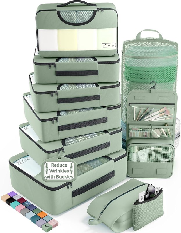 Veken 10 Set Packing Cubes for Travel Essentials,Anti-Wrinkle Buckled Suitcase Organizer for Shoe & Toiletry Bag,Carry On Luggage Bag with 99+ Count Mesh Holes for Airplane & College Dorm Accessories