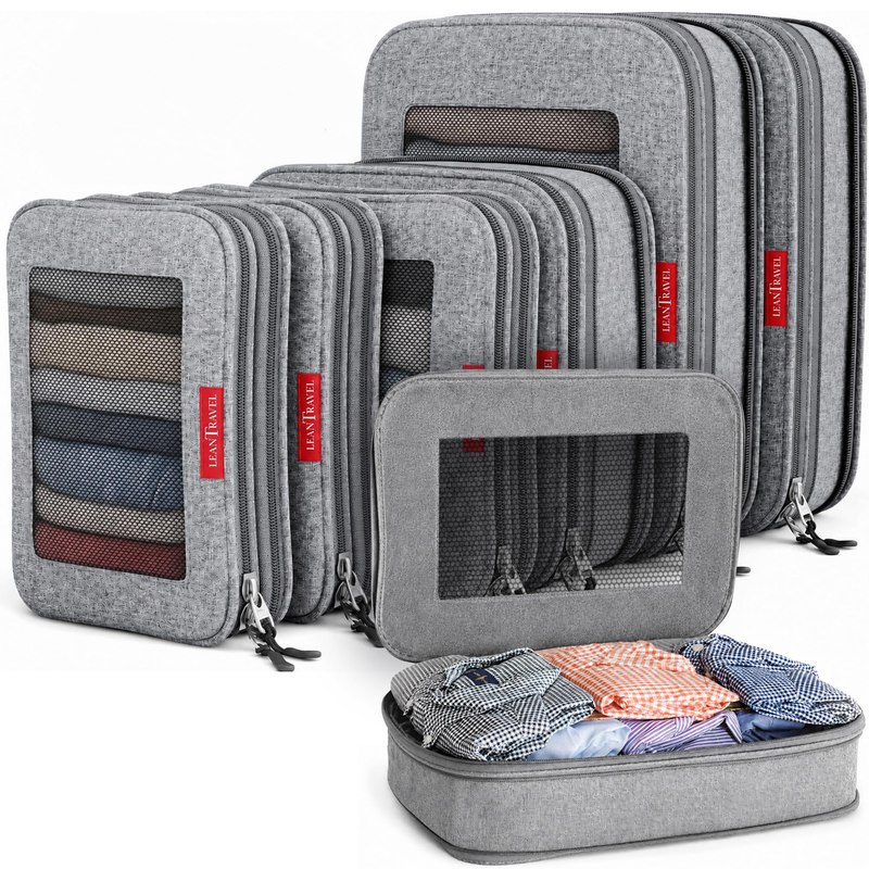 LeanTravel Premium Compression Packing Cubes for Travel - Suitcase Organizer Bags with Double Zipper & Breathable Mesh Panel - Space Saving Carry On Luggage Essentials (6-Pack, Grey)
