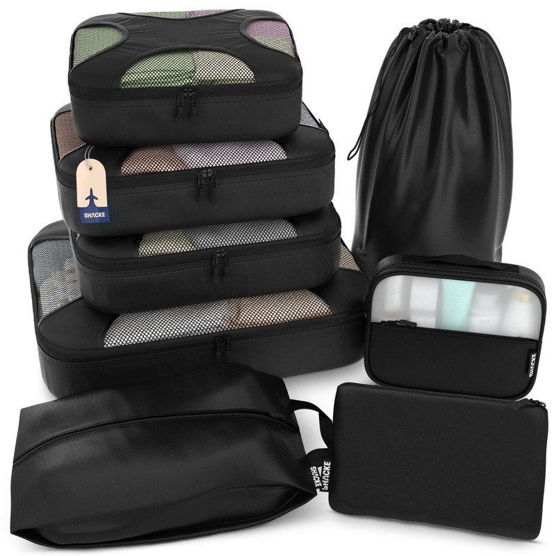 Shacke 8 Set Packing Cubes for Travel, Shoe & Toiletry Bags (Black)