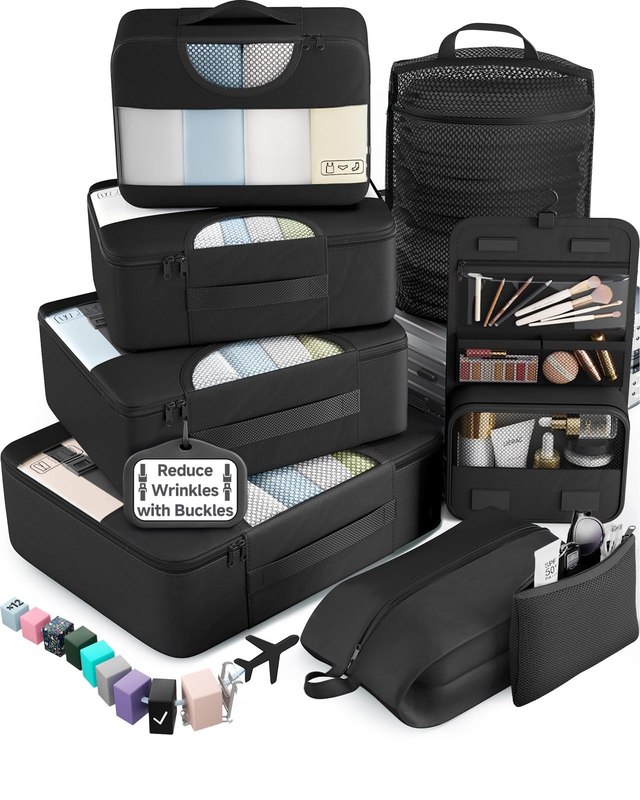 Veken 10 Set/8 Set Packing Cubes for Travel Essentials,Anti-Wrinkle Buckled Suitcase Organizer for Shoe & Toiletry Bag,Carry On Luggage Bag for Airplane & College Dorm Room Accessories,Women Men Gifts