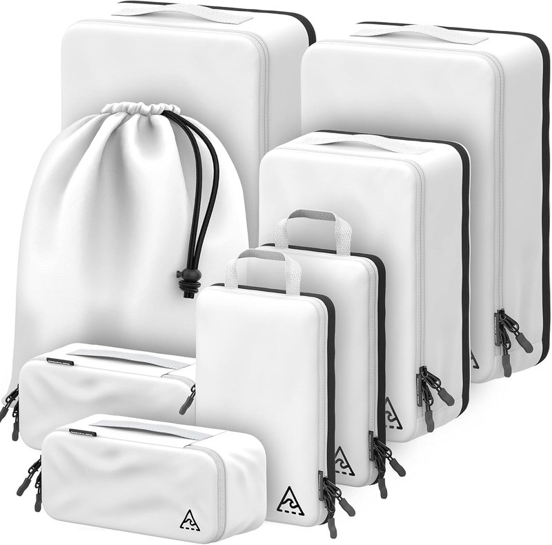 Well Traveled 8 pcs Compression Packing Bags Cubes Set with HybridMax Double-Capacity Design - Packing Cubes for Travel Compression to Maximize Limited Luggage Space, White