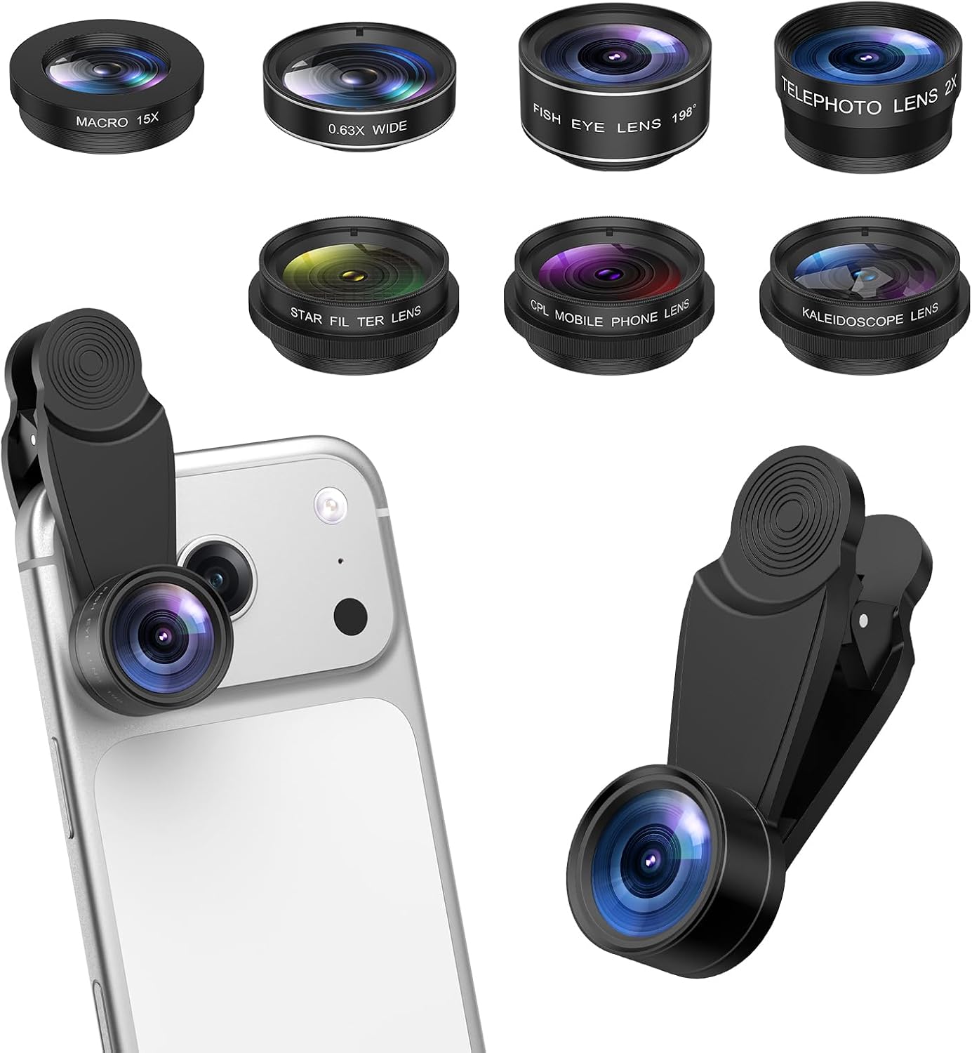 7-in-1 cell phone camera lens kit with macro, wide angle, telephoto, fisheye, CPL, star and kaleidoscope filters