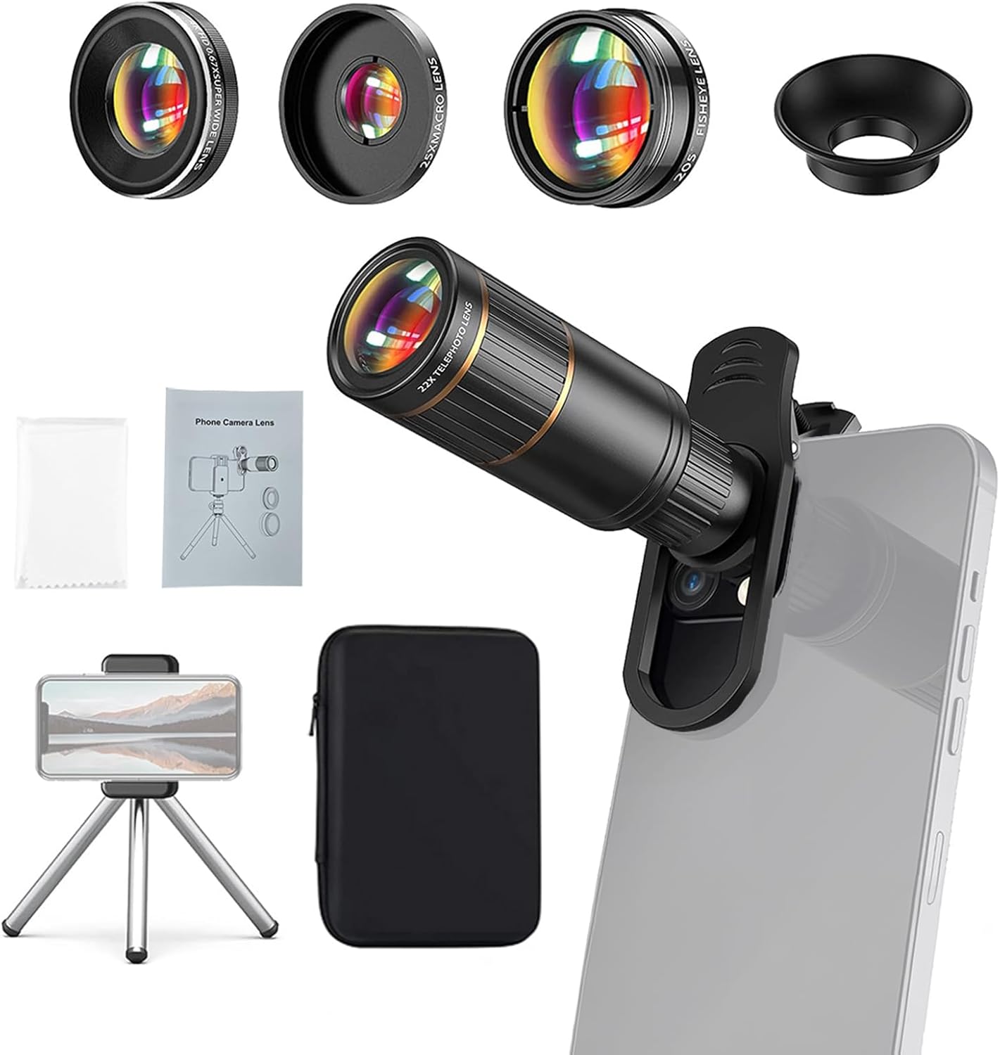 Andoer 4-in-1 phone lens kit with telephoto, fisheye, wide angle, macro lens and mini tripod