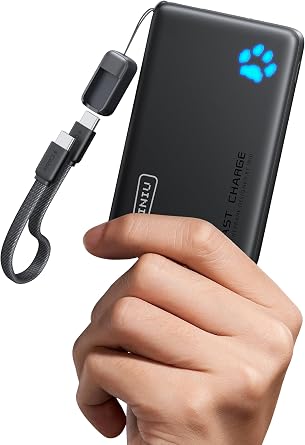 INIU 10000mAh 45W portable charger with attached USB-C cable, marketed flight-safe