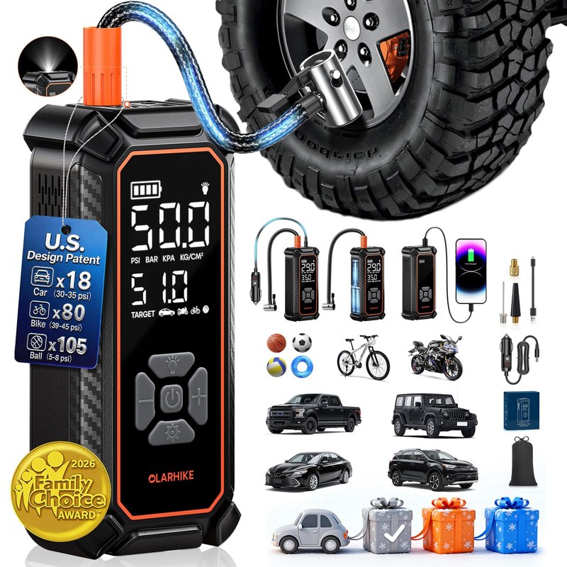 OlarHike Tire Inflator Portable Air Compressor,Dual Power-3*2000mAh &12V DC