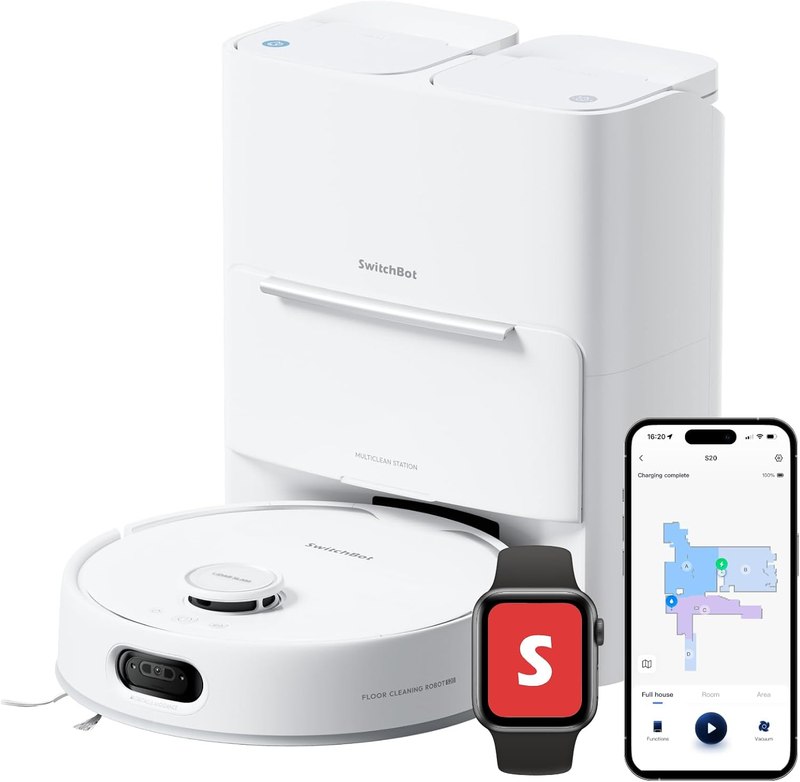 SwitchBot S20 Robot Vacuum and Mop with Matter, 10000Pa Powerful Suction, Roller Mop, AI Navigation, Auto Mop Washing & Drying, 90 Days Hands-Free, Self-Emptying, Works with AppleHome Alexa GoogleHome