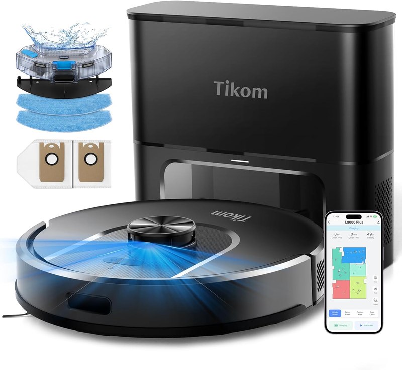 Tikom Robot Vacuum and Mop, Robotic Vacuum Cleaner with Self-Emptying Base | 6000Pa, 90 Days Capacity, LiDAR Navigation, Home Mapping, Ideal for Pet Hair, Hard Floors, Carpet (L8000 Plus)
