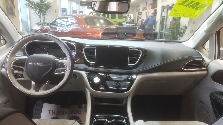 Pacifica dashboard and steering wheel (2021 car).