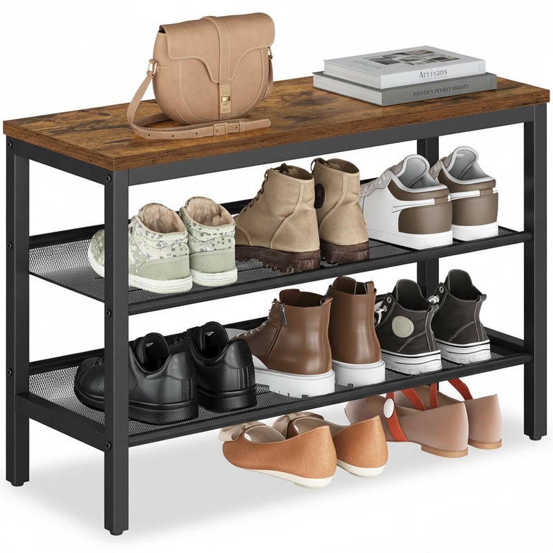 VASAGLE 3 Tier Shoe Rack Bench, One Piece Shelves, Shoe Storage Organizer with Raised Edges, Industrial Style, Easy Assembly, 11 x 29.5 x 19.7 Inches, Rustic Brown and Matte Black ULSB070KD01S
