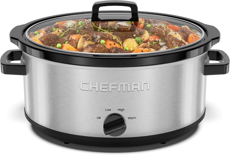 Chefman Slow Cooker 7 Quart, Large Family Size Slow Cooker with Low, High & Warm Settings, Removable Ceramic Crock, Tempered Glass Lid, Dishwasher-Safe for Easy Cleanup, Stainless Steel
