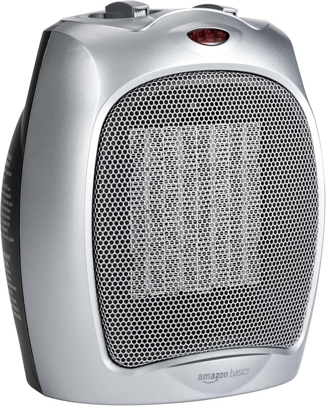 Amazon Basics Ceramic Space Heater, Portable Indoor Heating Solution, With Overheat and Tip-Over Protection, Thermostat, Non-Oscillating, 1500W, Fast Heating, 7.52"D x 6.34"W x 9.45"H, Silver