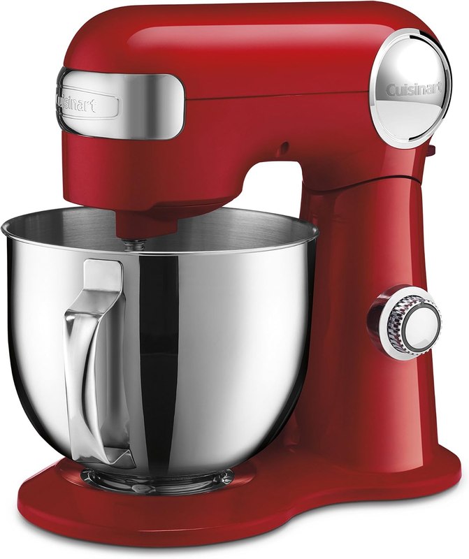 Cuisinart Stand Mixer, 12 Speed, 5.5 Quart Stainless Steel Bowl, Chef's Whisk, Mixing Paddle, Dough Hook, Splash Guard w/ Pour Spout, Ruby Red, SM-50R, Manual | 12 speeds, 500W motor, bowl, whisk, paddle, dough hook, splash guard