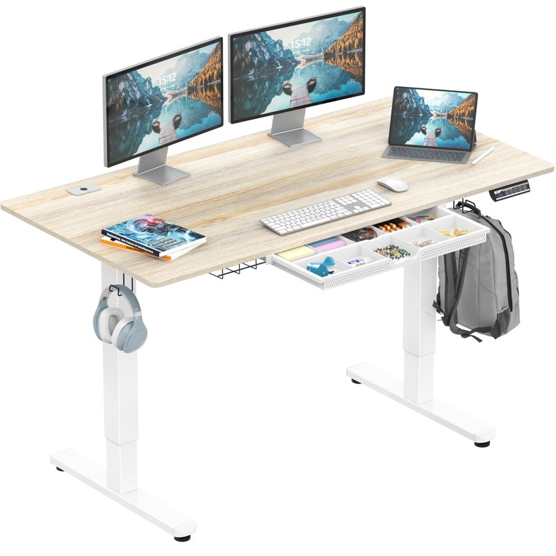 SHW 55 x 28 Electric Height Adjustable Standing Desk w/Drawer, Maple